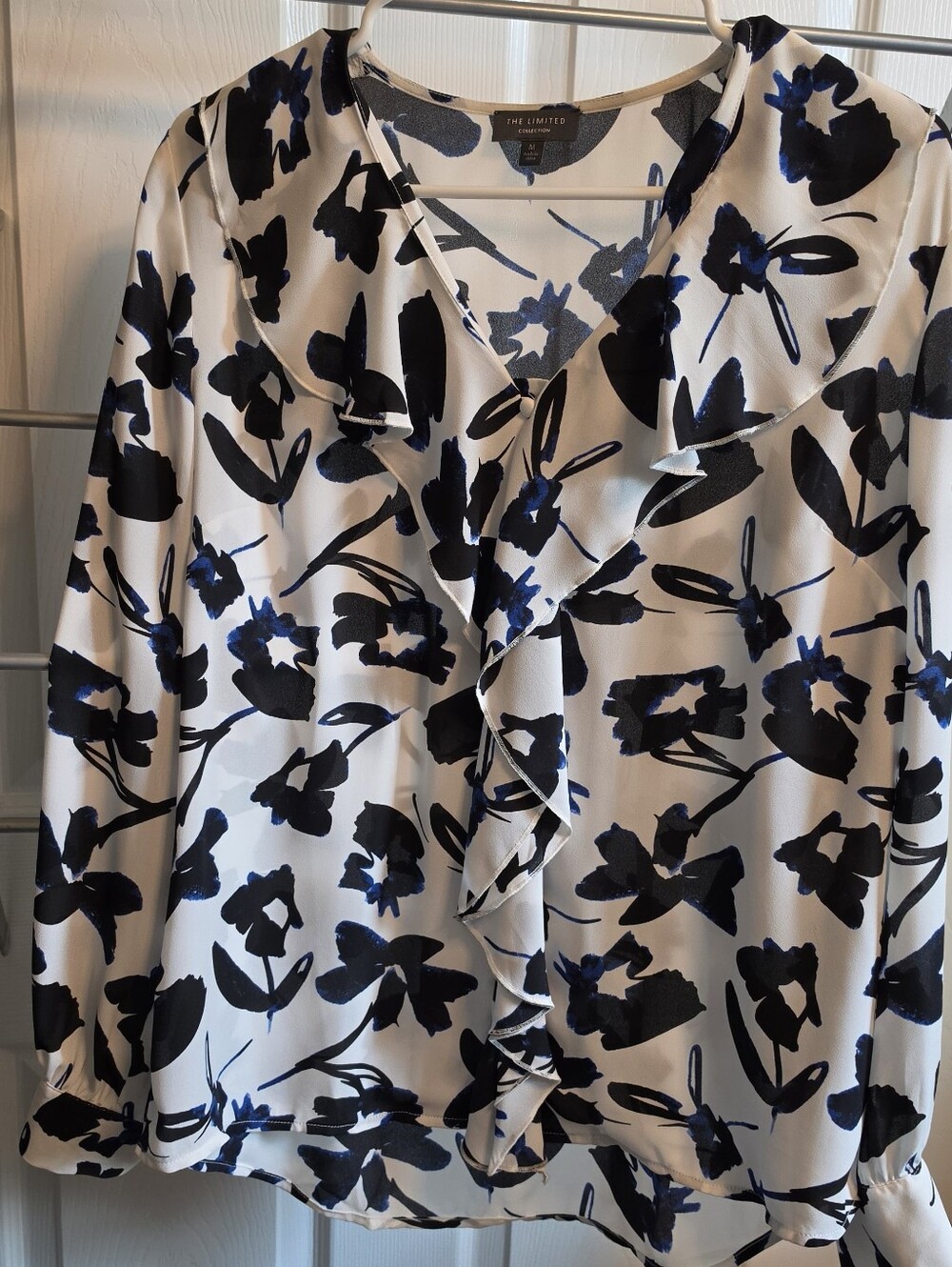 The Limited Women's White Ruffle Front Floral Blouse - Blue/Black Print